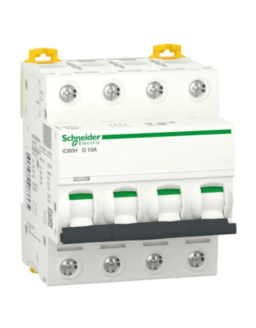 Interrupteur thermomagnétique Schneider 4P 10A 10KA D 4 modules A9F85410