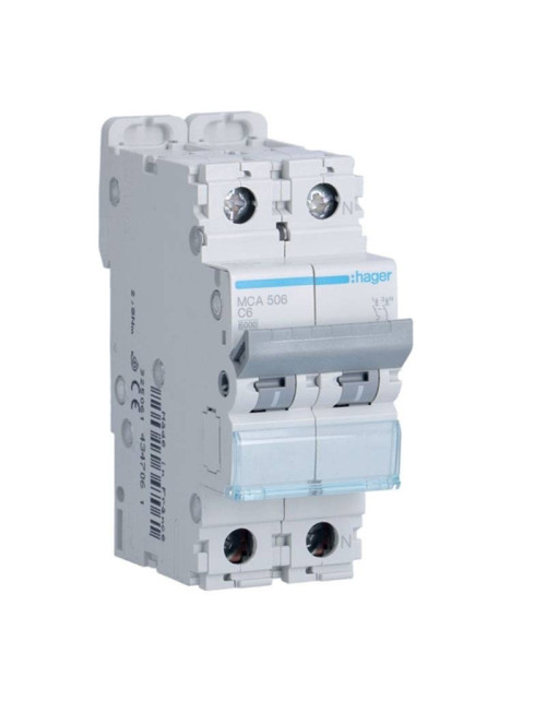 Hager 1P+N 6A 6KA 2 modules courbe C MCA506