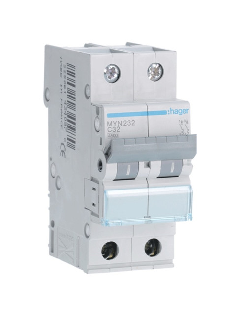 Hager 2P 32A 4.5KA C interrupteur magnéto-thermique 2 modules MYN232