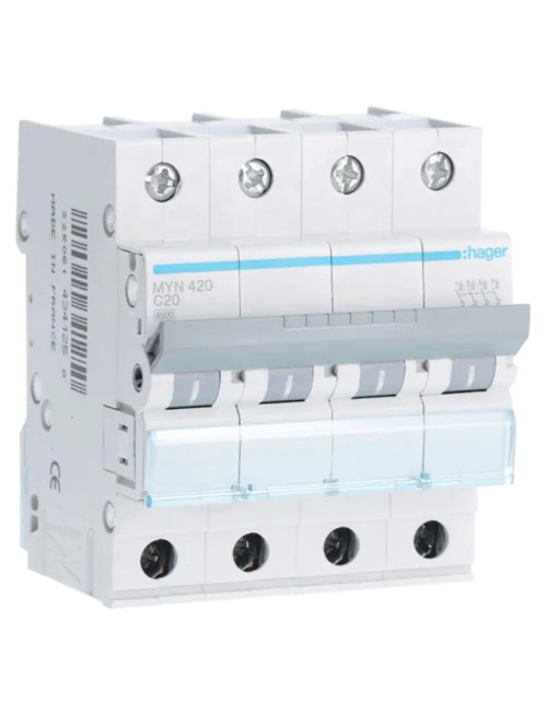 Hager 4P 20A 4.5KA C interrupteur magnéto-thermique 4 modules MYN420