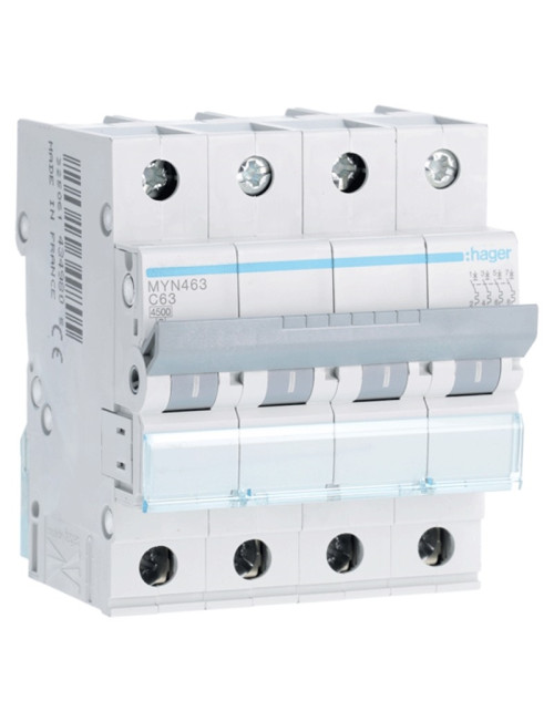 Hager 4P 63A 4.5KA C interrupteur magnéto-thermique 4 modules MYN463