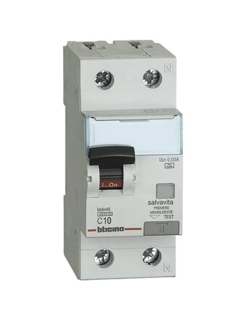 Interruttore magnetotermico differenziale Bticino 1P+N 10A 30mA tipo A 4,5kA 2 moduli GA8813A10
