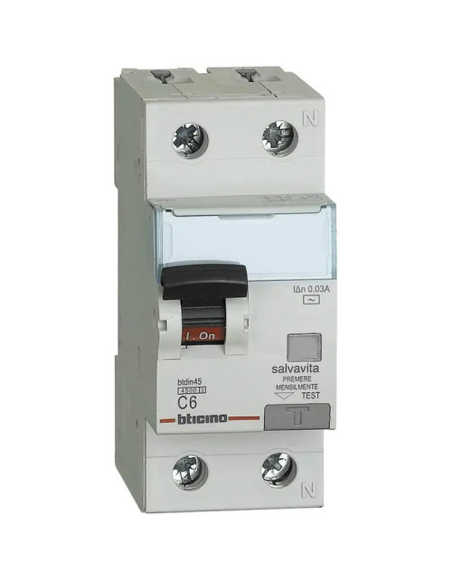 Bticino Differential-Leistungsschalter 1P+N AC 6A 4,5kA 30mA GA8813AC6