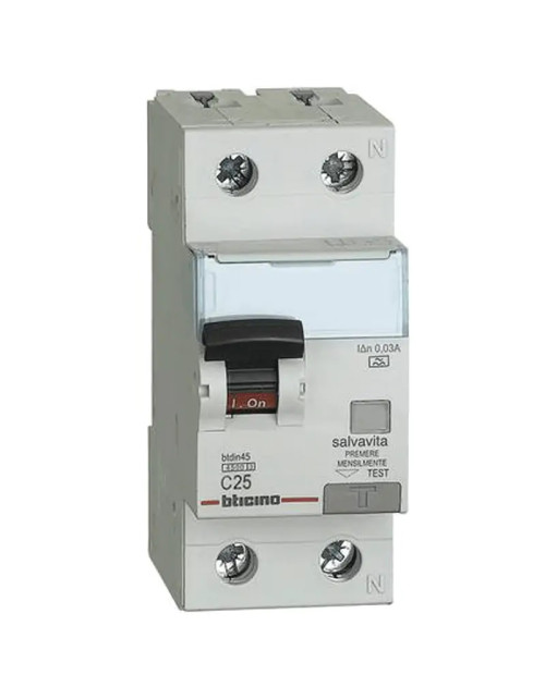 Interrupteur thermique magnétique différentiel Bticino 1P+N 25A 30mA Type AC 4,5kA 2 modules
