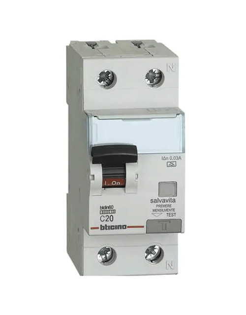 Bticino Differential-Leistungsschalter 1P+N 20A 300mA Typ AC 6kA 2 Module GN8814AC20