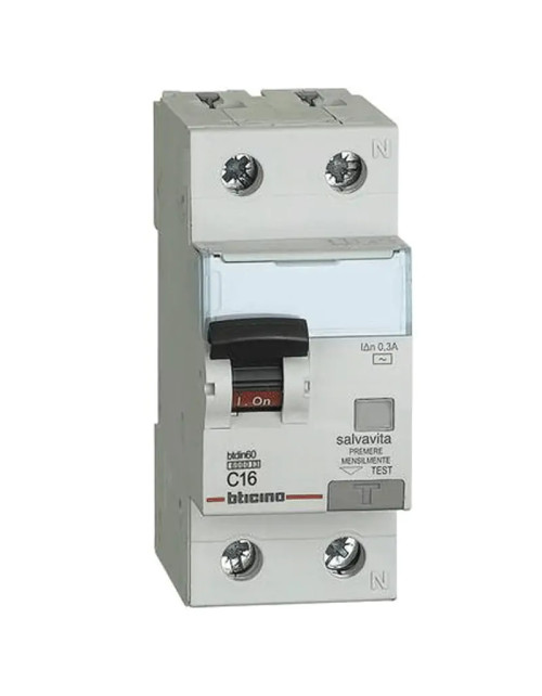 Bticino Differential-Leistungsschalter 1P+N 16A 300mA Typ AC 6kA 2 Module GN8814AC16