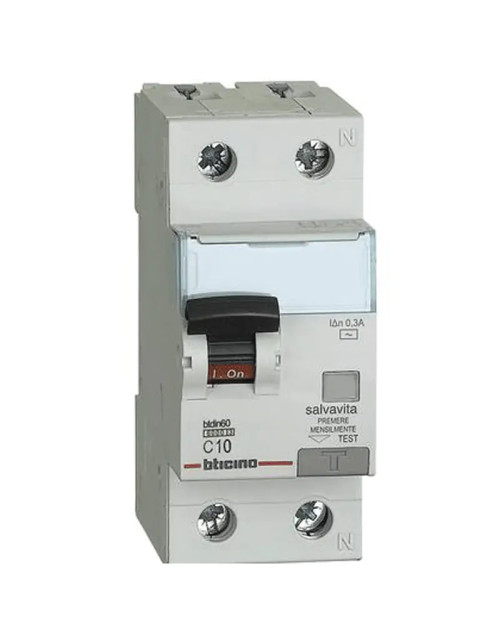 Interruttore Bticino magnetotermico differenziale 1P+N 10A 300mA tipo AC 6kA 2 moduli GN8814AC10