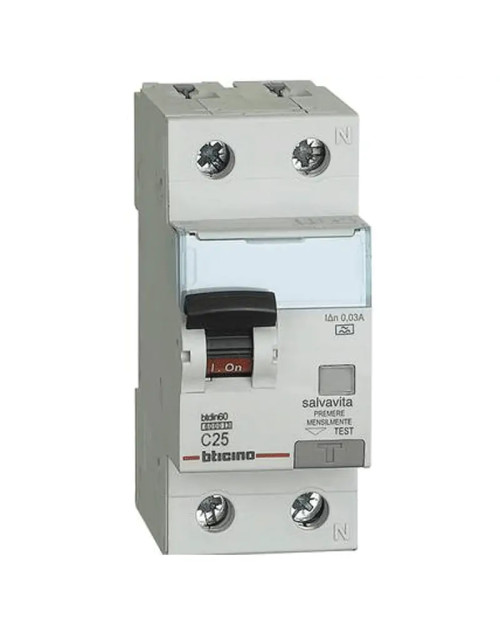 Bticino Differential-Leistungsschalter 1P+N 25A 300mA Typ AC 6kA 2 Module GN8814AC25