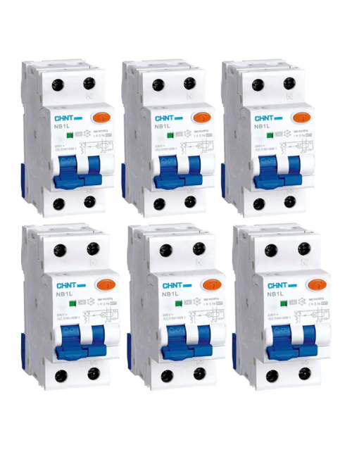 Kit of 6 Chint NB1L1 25A 1P+N 4.5KA 30MA residual current circuit breakers with 2 modules 203337