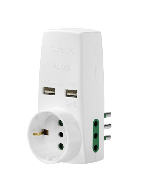 Adaptador triple Vimar con 2 tomas USB y 1 toma Schuko de 10A 0P00332.B