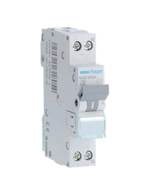 Hager 32A 1P+N 4.5KA C 1 Module MJN532A Interrupteur thermique magnétique