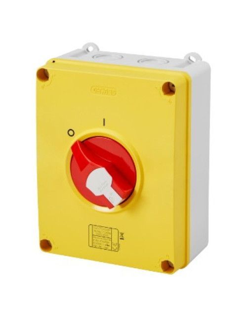 Sectionneur rotatif - HP - Urgence - Boîtier en matière isolante - 63A 4P - Bouton rouge cadenassable - IP