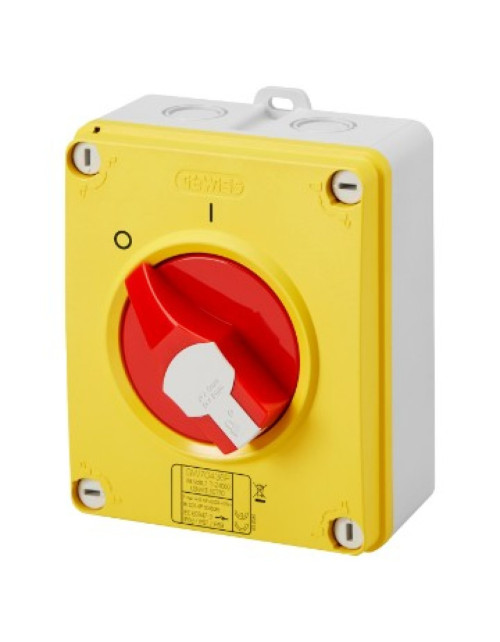 Sectionneur rotatif - HP - Urgence - Boîtier en matériau isolant - 16A 4P - Bouton rouge cadenassable - IP