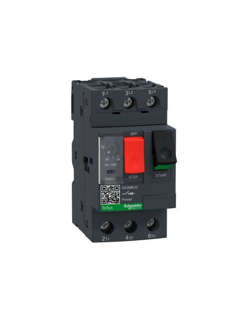 GV2ME automatic magnetothermal switch with push button control and thermal protection adjustment range from 24 A to 32 A, 3P,