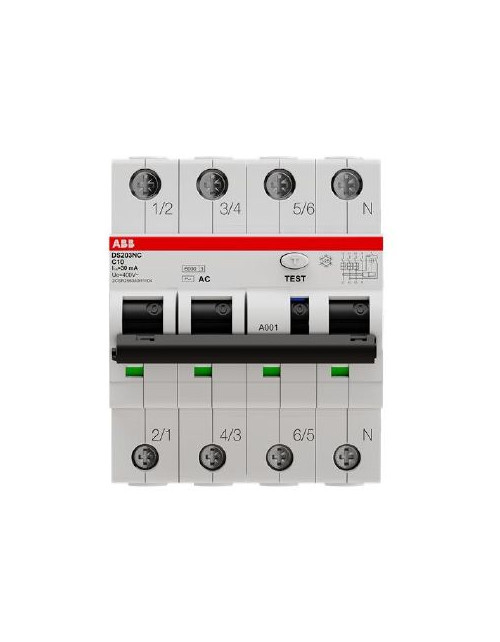 Interruttore Magnetotermico Differenziale 6kA, AC, Curva C, 10A 30mA 3P+N ABB DS3NC10AC30