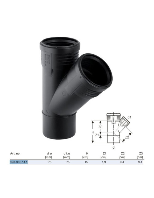 Silențios PP Braga 45° GTEA ø75x75 L.150 mm 390.333.14.1