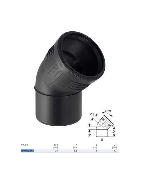 Built-in curve Geberit SILENT-PP a 45° ø32 mm 390.022.14.1