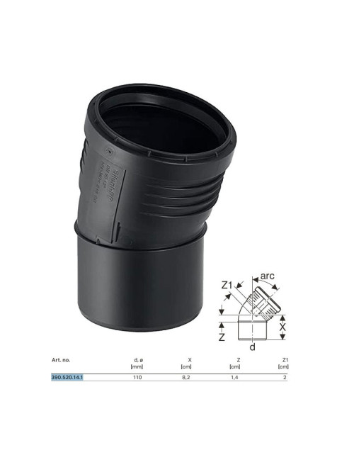 Curba de conectare Geberit SILENT-PP la 15° ø110 mm 390.520.14.1