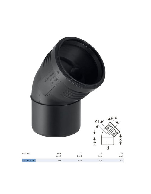 Einbaukurve Geberit SILENT-PP a 45° ø90 mm 390.422.14.1