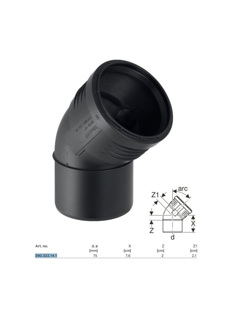 Courbe encastrable Geberit SILENT-PP a 45° ø75 mm 390.322.14.1