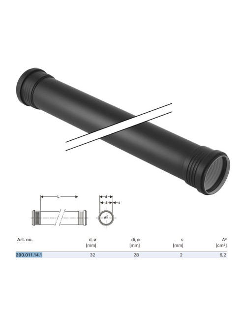 Silent-PP GTDM Rohr mit 2 Gläsern ø32 x L.1000 mm 390.011.14.1