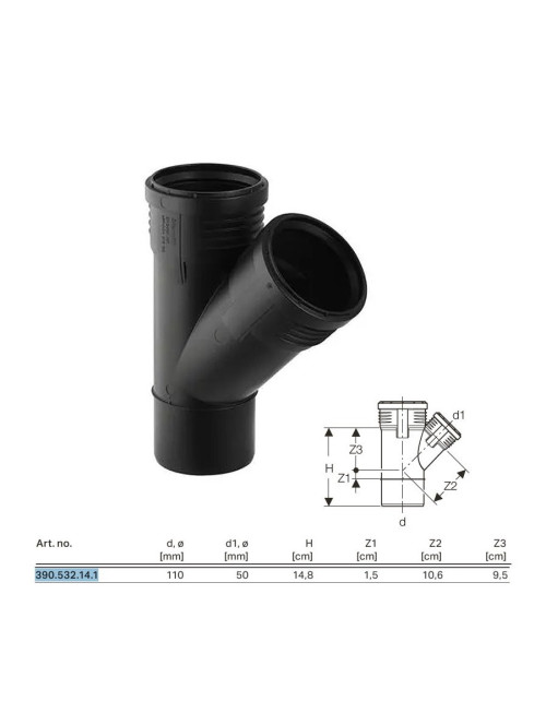 Silențios PP Braga 45° Reducere GTEA ø110x50 L. 148mm 390.532.14.1