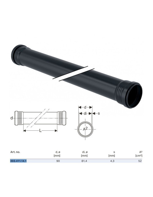 Geberit Silent-Pro Rohr mit 2 Gläsern ø90 L.1000 mm 393.411.14.1