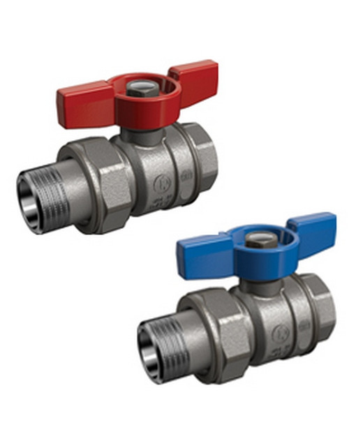 Ball valve, female-male union ends, red butterfly handle, full bore 1/2M X 1/2F