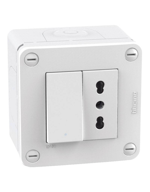 Cutie Bticino MatixGO 2 module IP40 cu comutator si priza bivalenta alb 28402W2