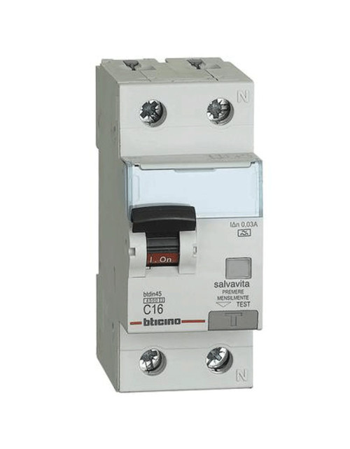 Bticino 1P+N 16A 30mA type A 4.5kA 2 modules differential circuit breaker