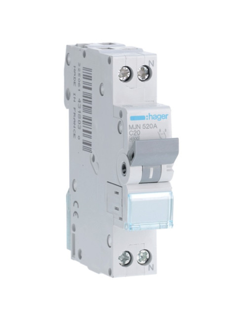 Hager interrupteur magnétique thermique 1P+N 20A 4,5KA C 1 module MJN520A