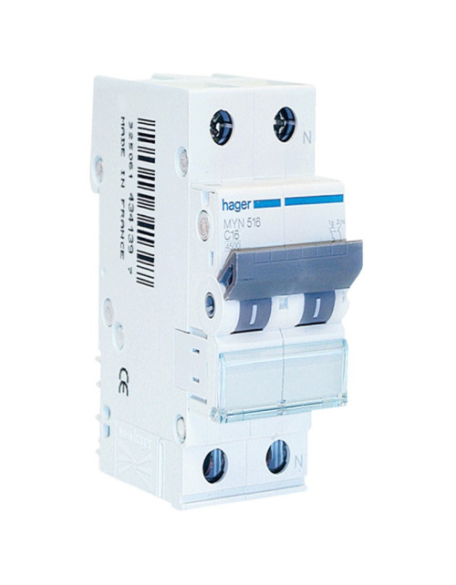 Hager interrupteur magnéto-thermique 1P+N 16A 4,5KA C 2 modules MYN516