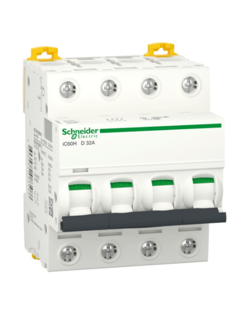 Interrupteur magnétique thermique Schneider 4P 32A 10KA D 4 modules A9F85432