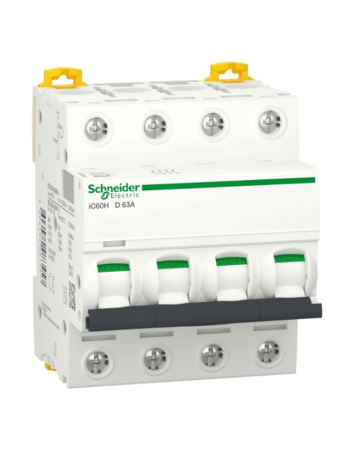 Interrupteur magnétique thermique Schneider 4P 63A 10KA D 4 modules A9F85463