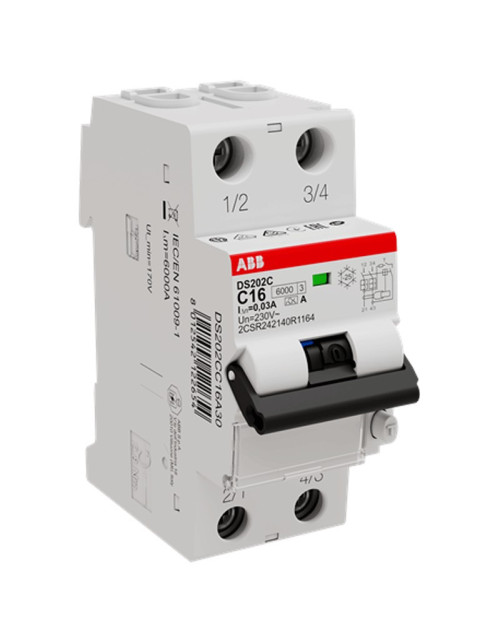 Disjoncteur à courant résiduel bipolaire ABB 16A 30MA type A 6KA DS2CC16A30