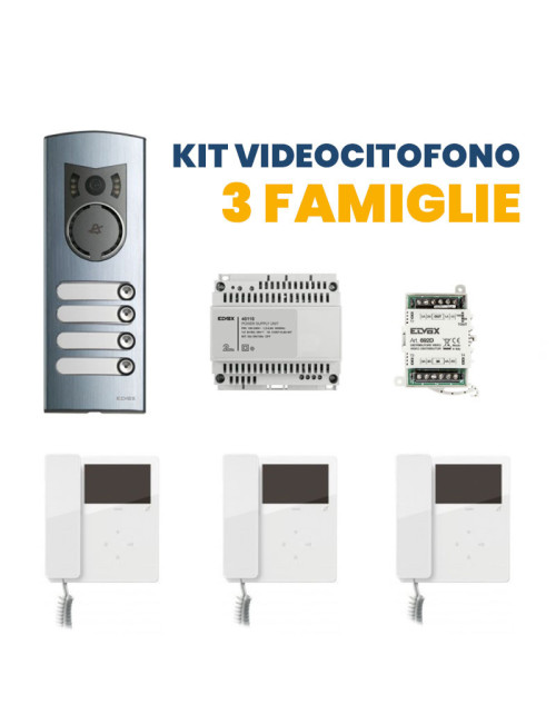 Kit d'interphone vidéo pour trois familles Elvox avec combiné