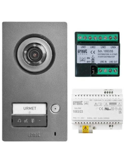 Two-family video intercom kit with base video pushbutton panel + power supply + distributor Mikra2 2Voice URMET 1784/802