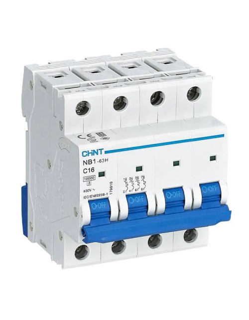 Chint NB1-63H 4P 16A 10kA C 4 Módulos 179910 Interruptor Térmico Magnético