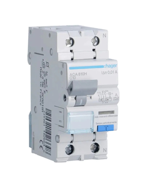 Hager 1P+N 10MA 10A ACA810H residual current circuit breaker