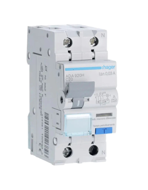 Disyuntor de corriente residual Hager 1P+N 30MA 20A ADA920H