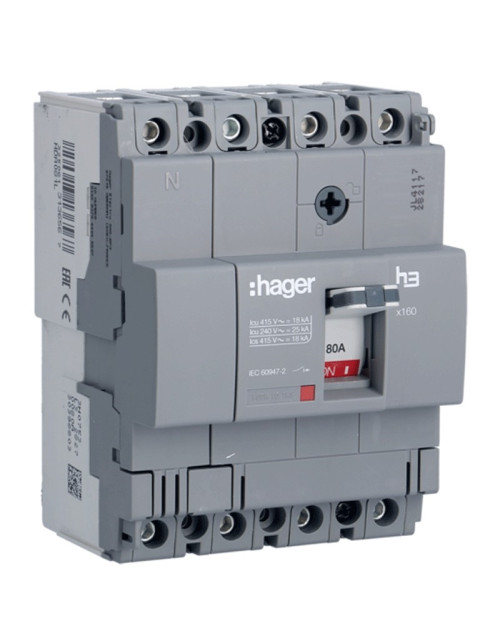 Hager X160 4P 18KA 80A HDA081L interruptor de desbloqueo termomagnético