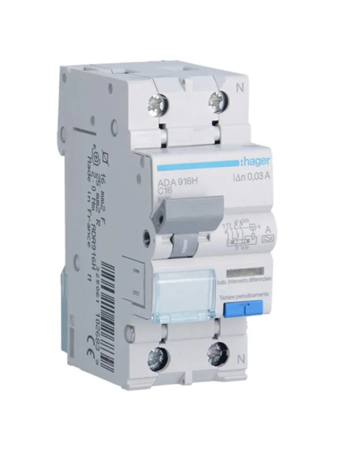 Disyuntor de corriente residual Hager 1P+N 30MA 16A ADA916H