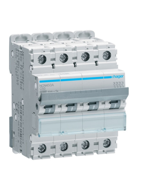 Hager 4P 50A 10KA C 4 modules NCN450A interrupteur magnéto-thermique