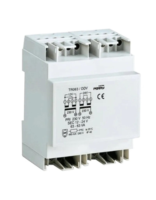 Transformador Perry 63VA salidas 12-12-24V 6 DIN 1TDTR063/DDV