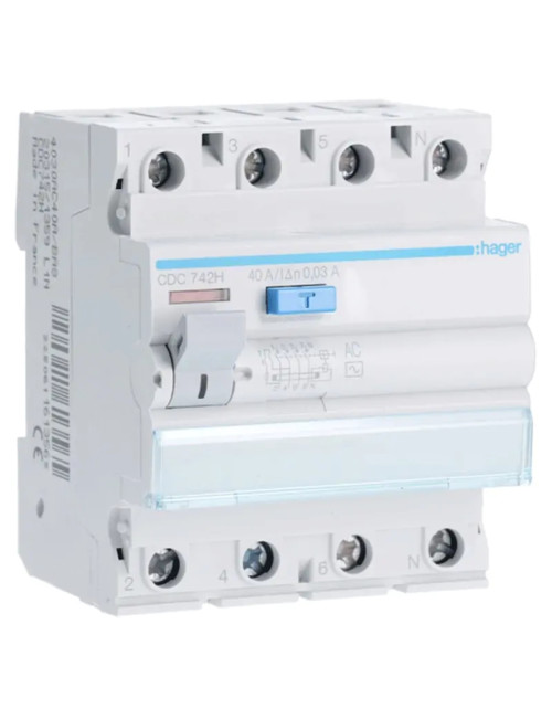 Disyuntor de corriente residual Hager 4P 40A 30MA AC 4 módulos CDC742H