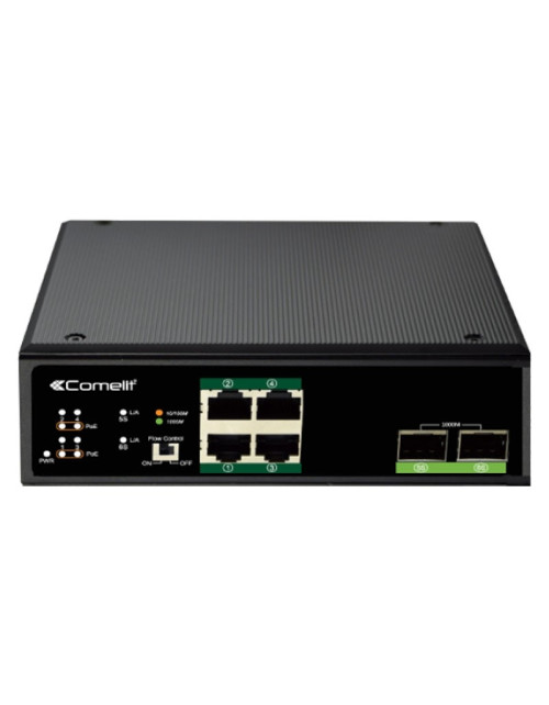 Comelit network switch with 4 PoE ports + 2 gigabit SFPs on Din rail IPSWP06N02A