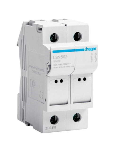 Portafusibles Hager 32A 2P 400V L38 2 módulos 10,3X38 LSN502