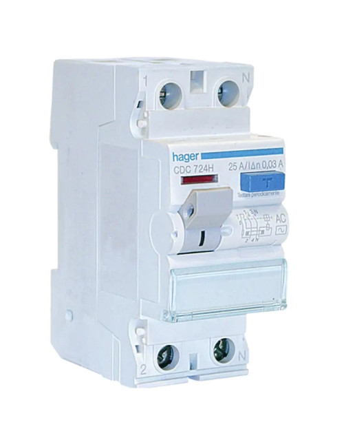 Disyuntor de corriente residual Hager 2P 25A 30MA AC 2 módulos CDC724H