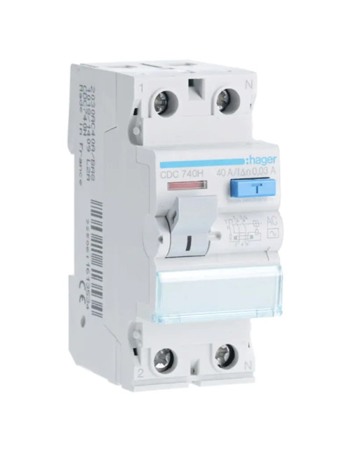 Disyuntor de corriente residual Hager 2P 40A 30MA AC 2 módulos CDC740H