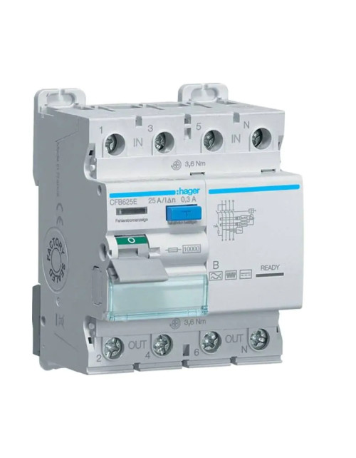 Disyuntor de corriente residual Hager 4P 25A 300MA B 4 módulos CFB625E